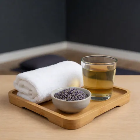 Plateau en bois contenant une serviette blanche, des fleurs de lavande et une tasse de thé, évoquant la méditation et le bien-être pour les massages maternels et la relaxation prénatale.