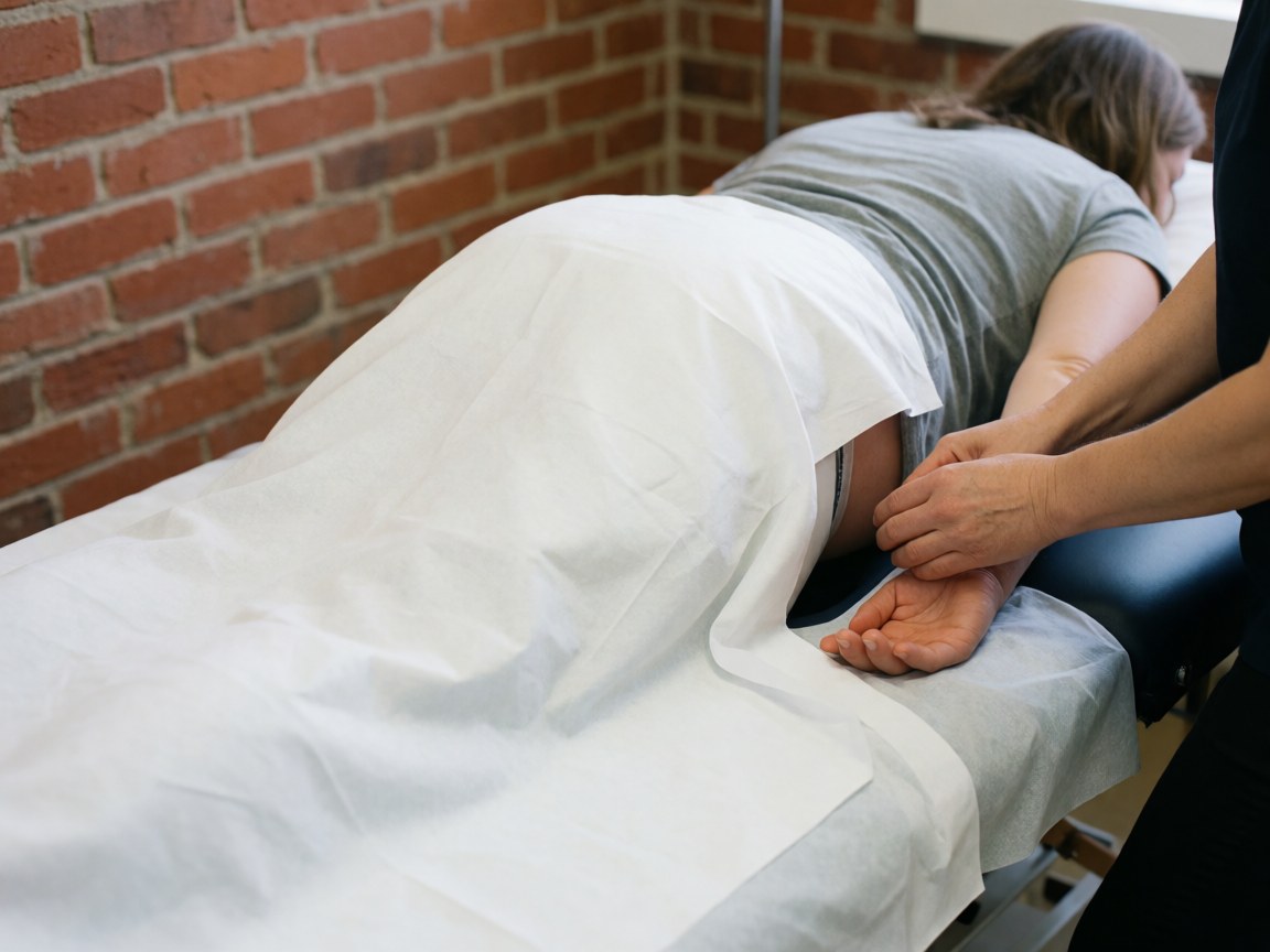 Vue rapprochée d'une table de massage professionnelle équipée de supports pour femmes enceintes, destinée aux séances de soins maternels.