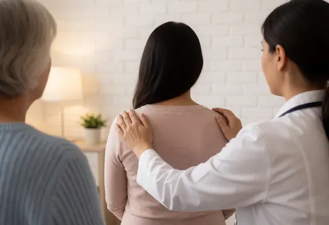 Une thérapeute pose ses mains sur les épaules d'une cliente enceinte pour guider sa respiration dans une pièce aux murs de briques blanches et à l'éclairage chaleureux.