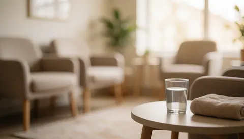 Espace d'attente avec chaises confortables, table d'eau et serviette, ambiance chaleureuse et relaxante, idéal pour textes sur les soins prénataux.