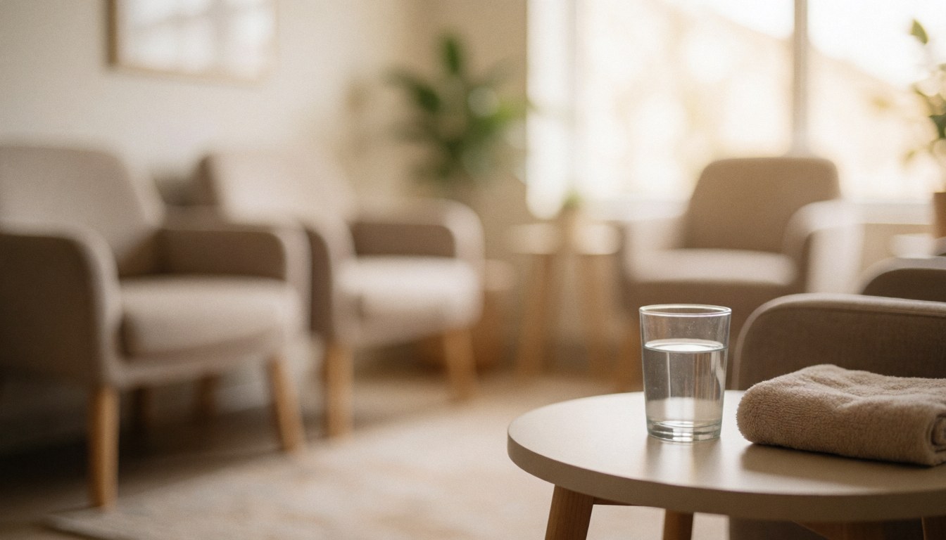 Espace d'attente avec chaises confortables, table d'eau et serviette, ambiance chaleureuse et relaxante, idéal pour textes sur les soins prénataux.