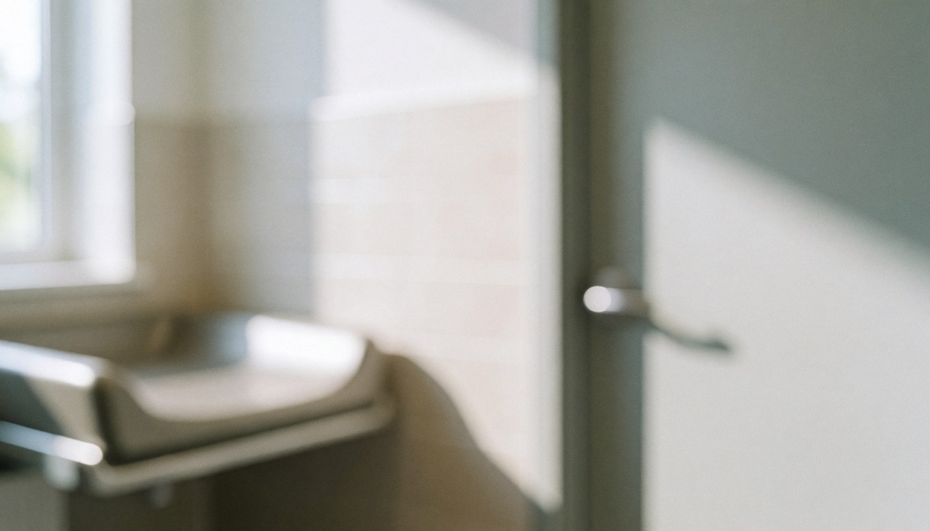 Arrière-plan flou d'une salle de bain propre et lumineuse avec une table à langer, idéal pour superposer du texte dans un contexte maternel.