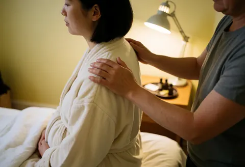 Un couple détendu reçoit un massage thérapeutique sur une table de massage dans un environnement calme et lumineux.