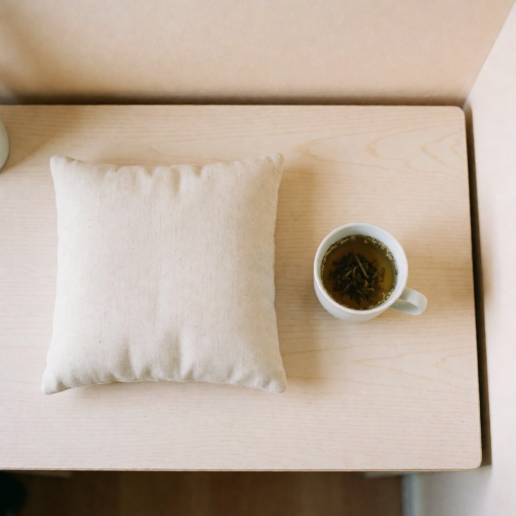 Composition zen avec un coussin doux, une tasse de thé fumant posée sur une surface en bois clair, évoquant la détente et le bien-être.