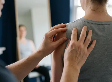 Un thérapeute professionnel ajuste les épaules d'une cliente pour améliorer la posture et le bien-être.