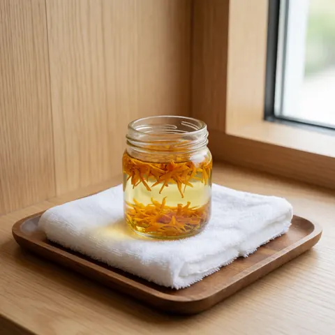 Jarre en verre remplie d'huile aux herbes et pétales de souci posée sur une serviette blanche, le tout disposé sur un plateau en bois éclairé par la lumière naturelle.