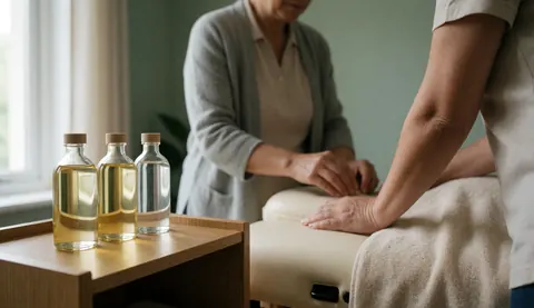 Thérapeute professionnel réalisant un massage prénatal dans une pièce calme avec des huiles d'amande, de jojoba et de lavande sur une table en bois.