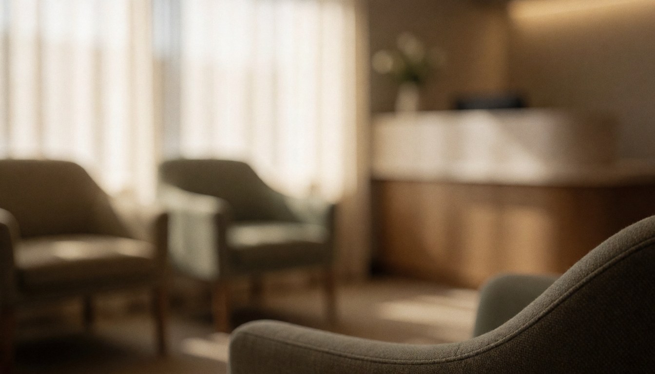 Arrière-plan flou de fauteuils d'attente aux tons terre avec lumière douce, idéal pour ajouter du texte.