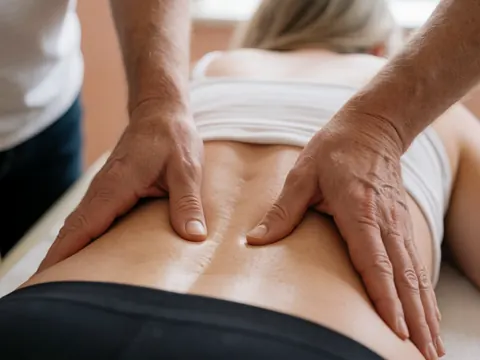 Mains expertes en gants thérapeutiques effectuant un massage profond sur le dos dans un cadre relaxant aux murs terracotta.