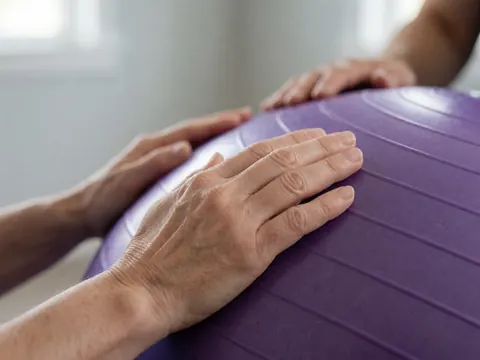 Gros plan sur la texture violette d'une balle de massage utilisée pour les soins maternels, avec un fond flou et une lumière naturelle.