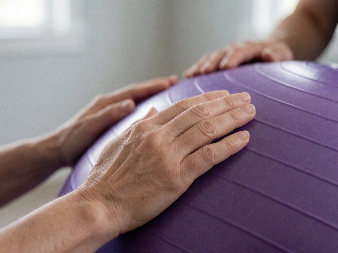 Gros plan sur la texture violette d'une balle de massage utilisée pour les soins maternels, avec un fond flou et une lumière naturelle.