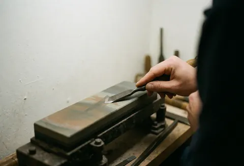 Un technicien affûte un outil de menuiserie sur une pierre à aiguiser, produisant des étincelles dans un atelier.
