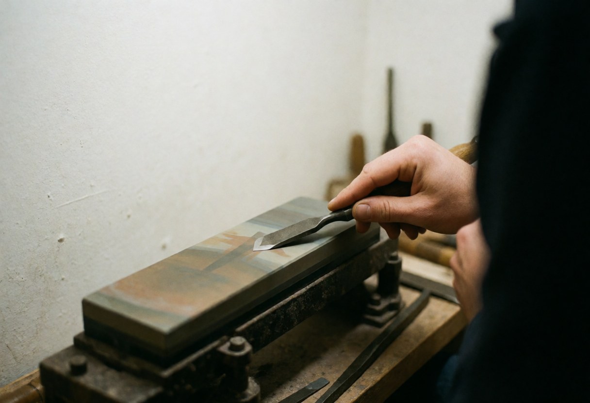 Un technicien affûte un outil de menuiserie sur une pierre à aiguiser, produisant des étincelles dans un atelier.