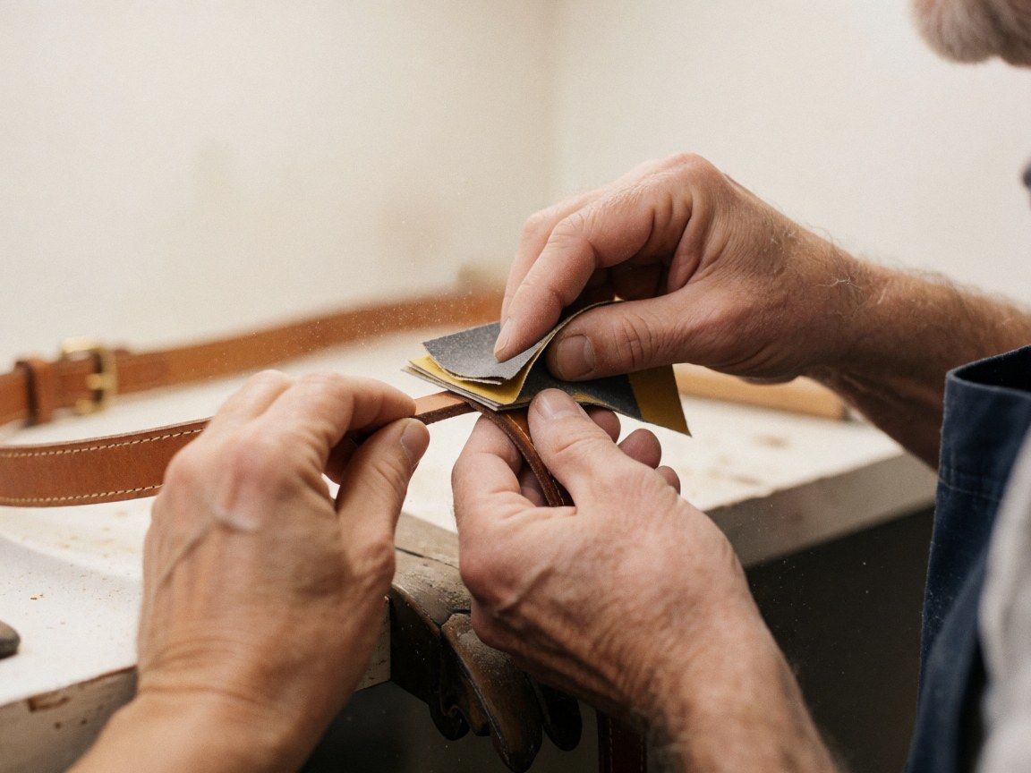 Mains d'artisan lissant le bord d'une sangle en cuir à l'aide de papier abrasif, poussière flottant dans l'air sur fond flou d'atelier.