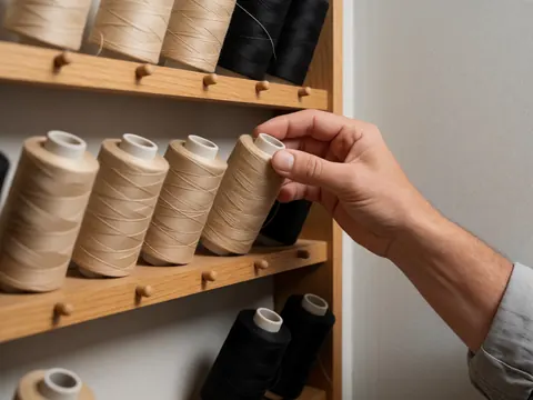 Vue rapprochée d'une main sélectionnant des bobines de fil colorées disposées sur un étagère en bois, mettant en valeur la texture et la variété des matériaux.