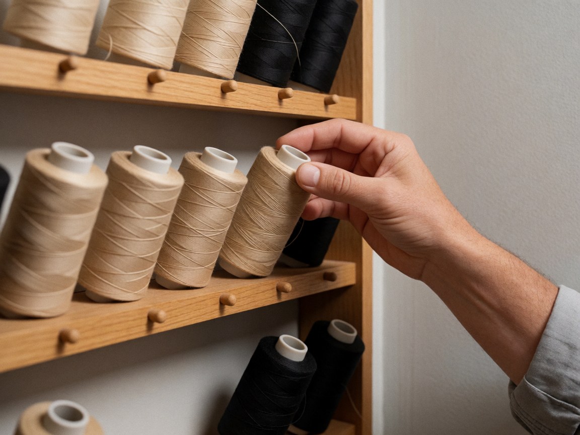 Vue rapprochée d'une main sélectionnant des bobines de fil colorées disposées sur un étagère en bois, mettant en valeur la texture et la variété des matériaux.