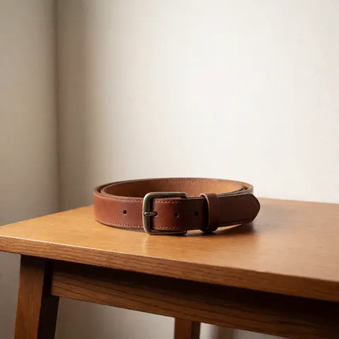 Vue de face d'une ceinture en cuir marron posée à plat, mettant en évidence la texture du matériau et la finition artisanale.