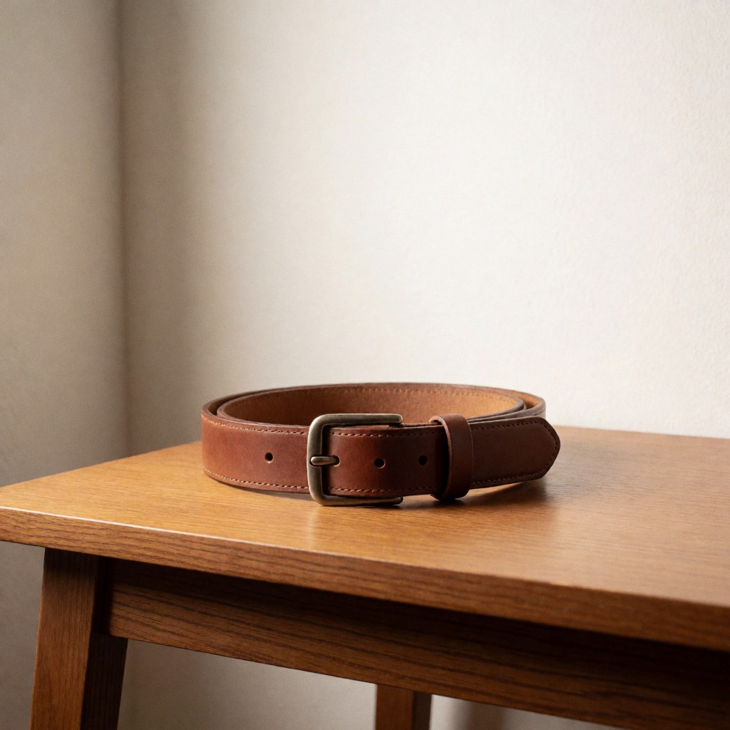 Vue de face d'une ceinture en cuir marron posée à plat, mettant en évidence la texture du matériau et la finition artisanale.