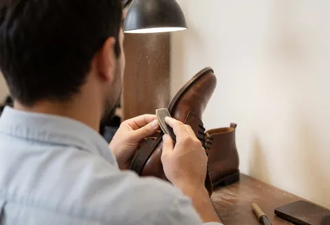Un artisan travaille sur une chaussure en cuir dans son atelier, la poussière flottant sous la lumière, mettant en valeur le soin et la précision du travail manuel.