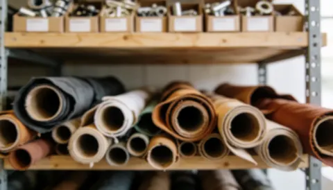 Arrière-plan composé de matériaux divers incluant des rouleaux de cuir et des outils de maroquinerie disposés sur une surface.
