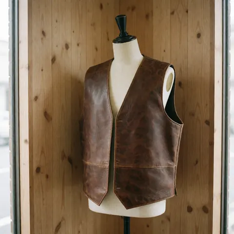 Une veste en cuir marron finalisée est présentée sur un mannequin dans un atelier de travail du cuir avec une lumière naturelle.