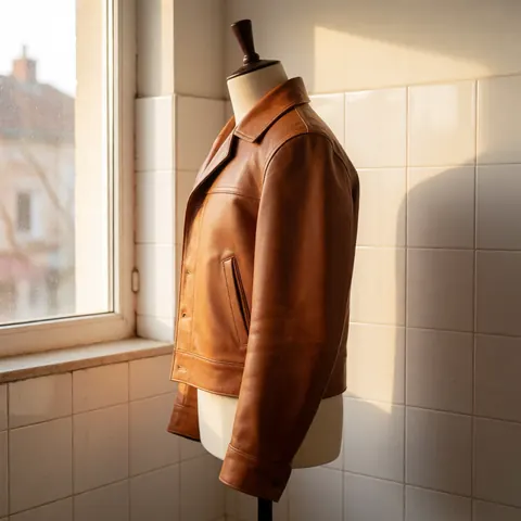 Des vestes en cuir de qualité présentées sur un mannequin dans un atelier d'artisanat avec des carreaux et de la lumière naturelle.