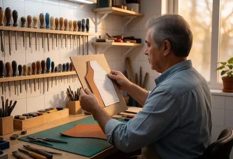 Un artisan vérifie avec précision les dimensions d'un motif en cuir à l'aide d'une règle, dans son atelier baigné de lumière naturelle.