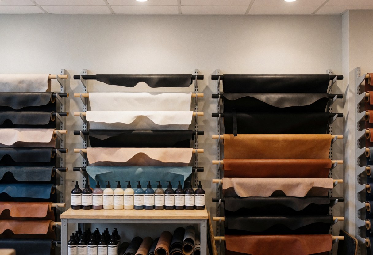 Entrepôt de cuir avec des rouleaux de différentes couleurs et des bouteilles de teintures, idéal pour la maroquinerie et le travail du cuir, ambiance professionnelle et ordonnée.