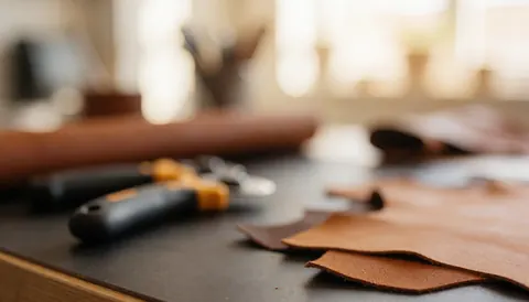 Fond de cuir et outils pour maroquinerie, éclairage chaleureux, idéal pour textes