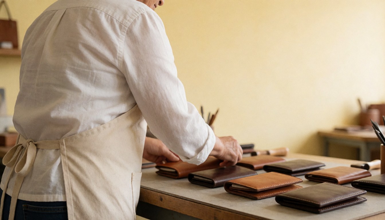 Artisan du cuir rangeant des portefeuilles en peau dans son atelier baigné de lumière chaude avec un espace vide à droite pour le texte.