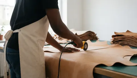 Un artisan travaillant le cuir dans son atelier en utilisant des outils professionnels pour couper le matériau avec précision.