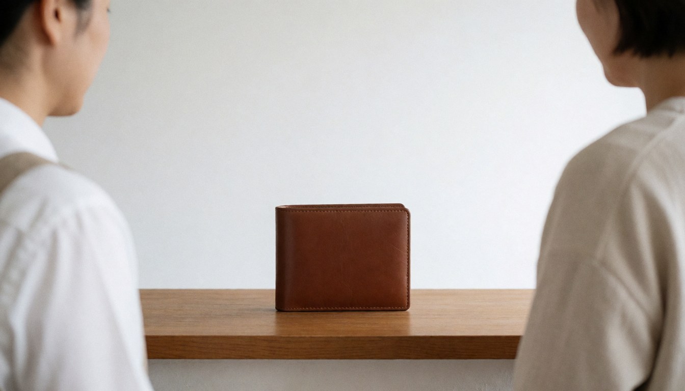Un portefeuille en cuir marron est disposé à plat sur un fond blanc uni, mettant en valeur sa texture et son design minimaliste.