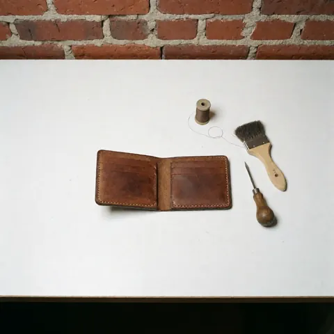 Vue de dessus d'un portefeuille en cuir réparé avec des outils de maroquinerie disposés autour pour la maintenance.