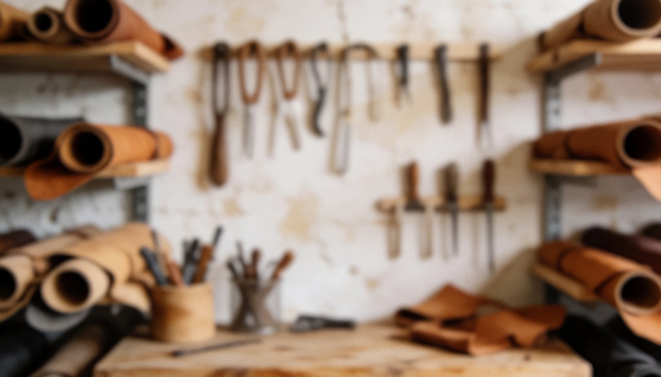Arrière-plan flou d'un atelier de cuir montrant des rouleaux de peau, des outils suspendus et une table de travail, idéal pour du texte commercial.
