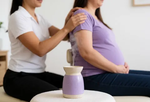 Une femme reçoit un massage relaxant dans une pièce calme avec un diffuseur d'huiles essentielles.