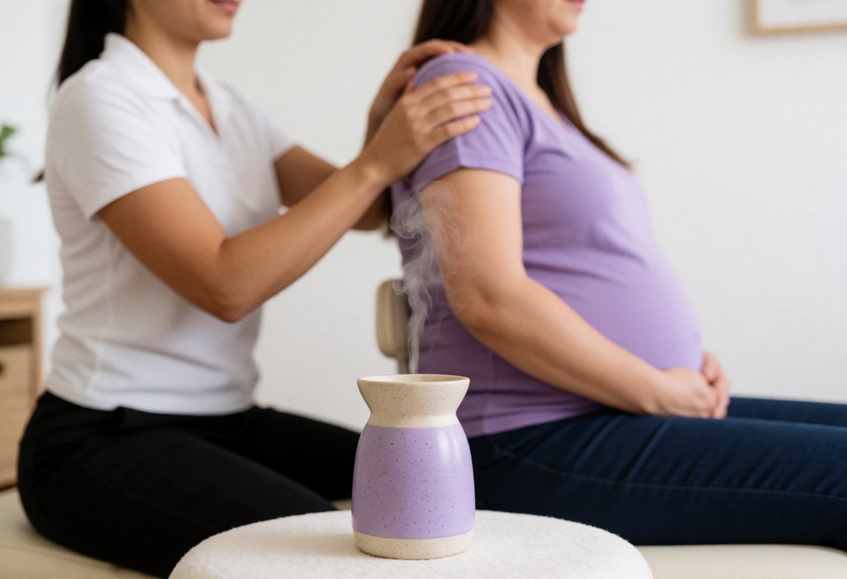 Une femme reçoit un massage relaxant dans une pièce calme avec un diffuseur d'huiles essentielles.