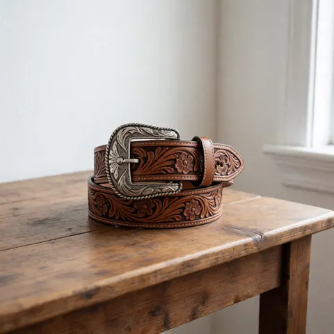 Ceinture en cuir décorée de motifs floraux et d'une boucle argentée posée sur une table en bois rustique éclairée par la lumière naturelle.