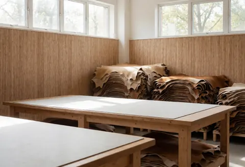 Atelier de maroquinerie vide avec tables en bois, peaux de cuir empilées et lumière naturelle par les fenêtres, idéal pour montrer des produits ou services de cuir.