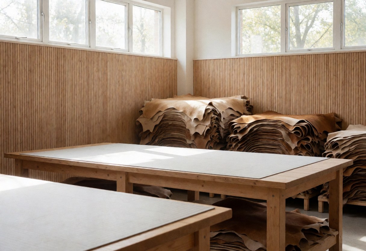Atelier de maroquinerie vide avec tables en bois, peaux de cuir empilées et lumière naturelle par les fenêtres, idéal pour montrer des produits ou services de cuir.