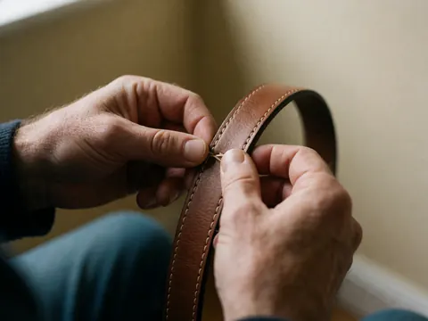 Mains d'un artisan cousant une ceinture en cuir marron à la main, montrant la texture du cuir et les détails de la couture sur fond beige.