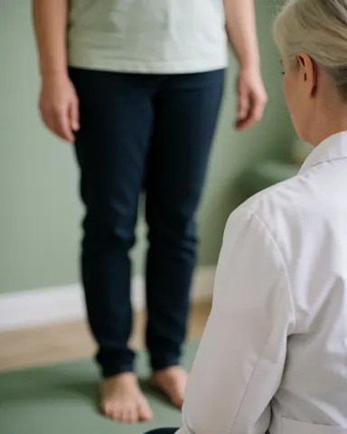 Un ostéopathe en blouse blanche examine la posture debout d'un patient pieds nus sur un tapis, dans un cabinet aux murs verts et à la lumière douce.