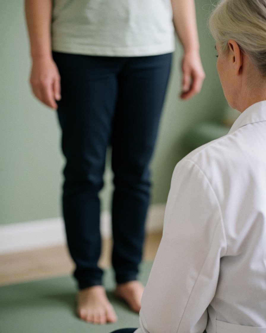 Un ostéopathe en blouse blanche examine la posture debout d'un patient pieds nus sur un tapis, dans un cabinet aux murs verts et à la lumière douce.