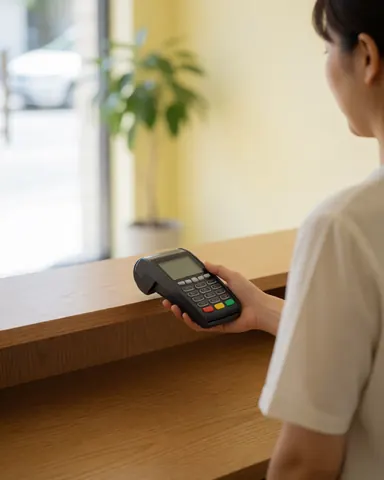 Une cliente réalise un paiement sécurisé à l'aide d'une terminale de carte bancaire posée sur un bureau en bois clair, dans un environnement professionnel lumineux et calme.