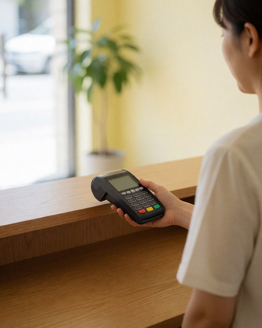 Une cliente réalise un paiement sécurisé à l'aide d'une terminale de carte bancaire posée sur un bureau en bois clair, dans un environnement professionnel lumineux et calme.