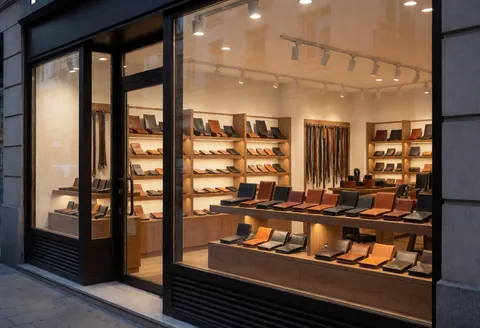 Vitrine éclairée la nuit exposant des sacs en cuir et des ceintures dans un magasin moderne avec une décoration en bois.