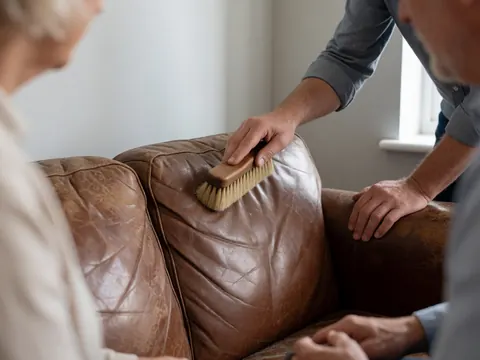 Des mains utilisent une brosse pour nettoyer délicatement un canapé en cuir, éliminant la poussière des interstices et de la surface.
