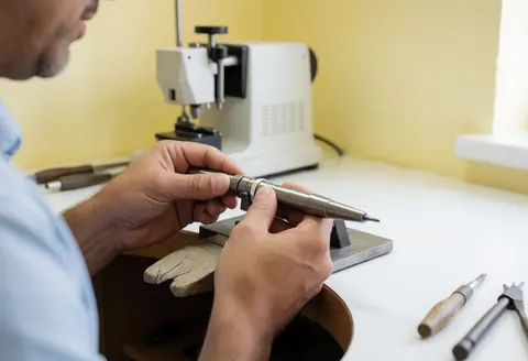 Un professionnel mesure une bague avec précision à l'aide d'un mandrin et d'une machine dans son atelier.