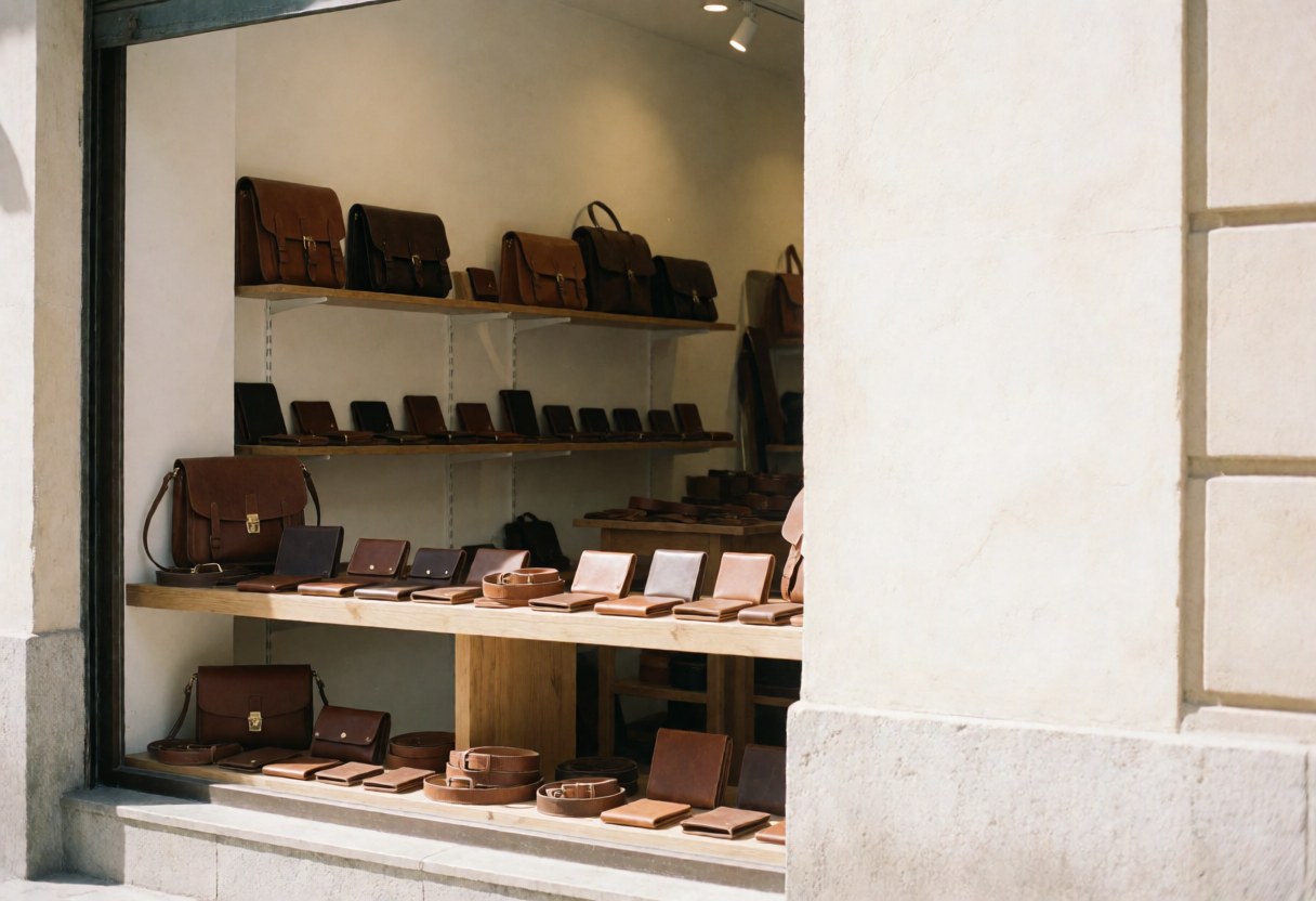 Vitrine en verre et bois exposant divers sacs à main en cuir marron et naturel, illustrant le travail artisanal de qualité dans un magasin.