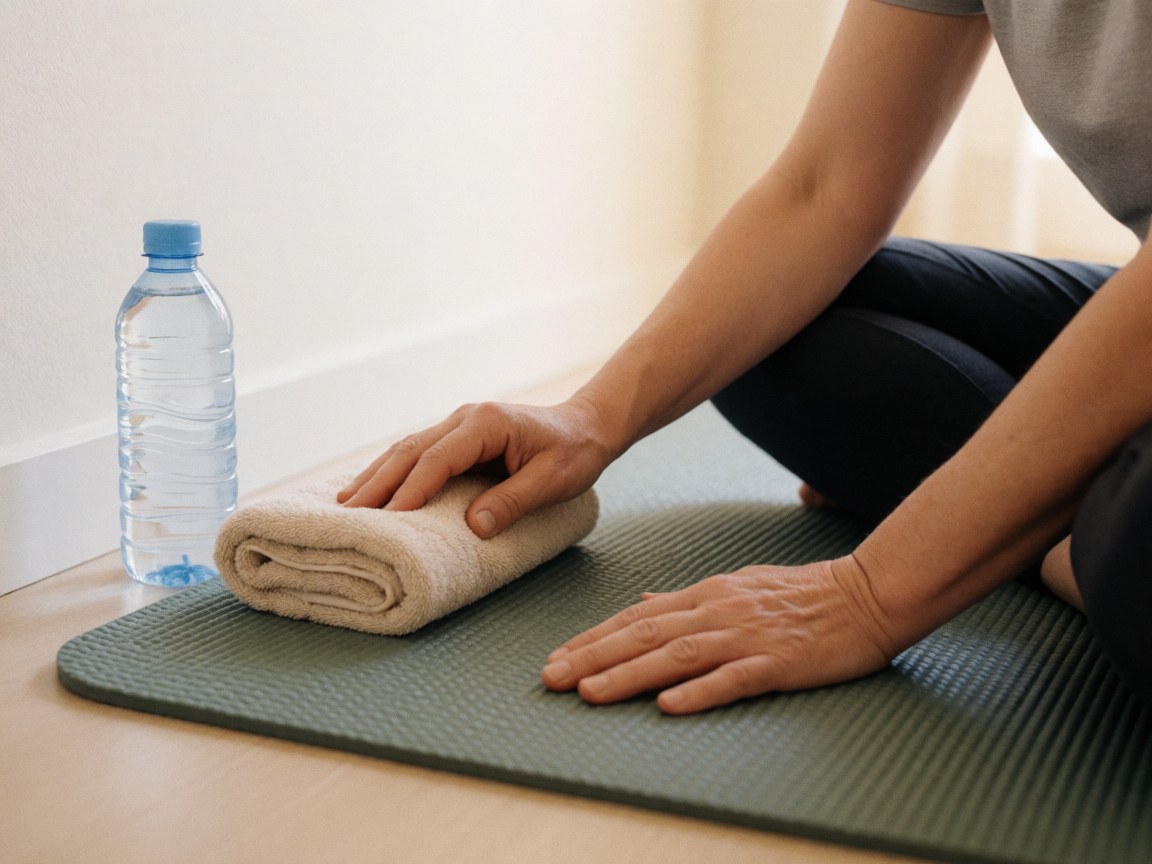 Une personne dispose une serviette et une bouteille d'eau sur un tapis de yoga, prête pour une séance de massage maternel dans un environnement propre et organisé.