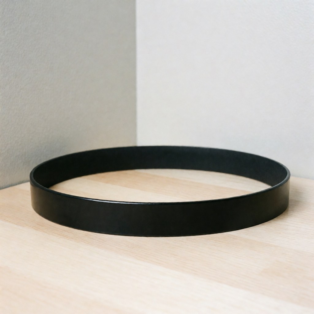 Ceinture en cuir noir aux bords lisses et brillants posée sur une surface en bois clair, avec un arrière-plan gris et une éclairage professionnel.